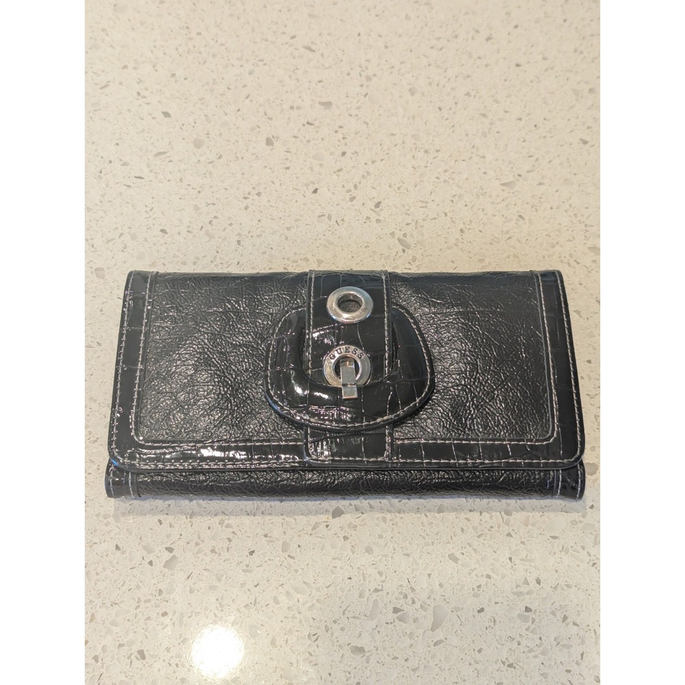 Guess Women's Black Buckle Wallet Tri Fold Multi Pocket
